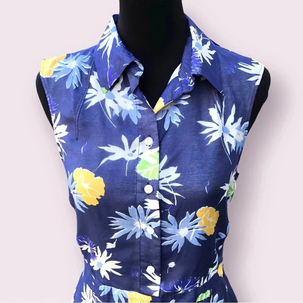 Creatures of the Wind Retro Midi Dress Size 6 Blue Floral 60s Housewife Mad Men - Picture 2 of 10